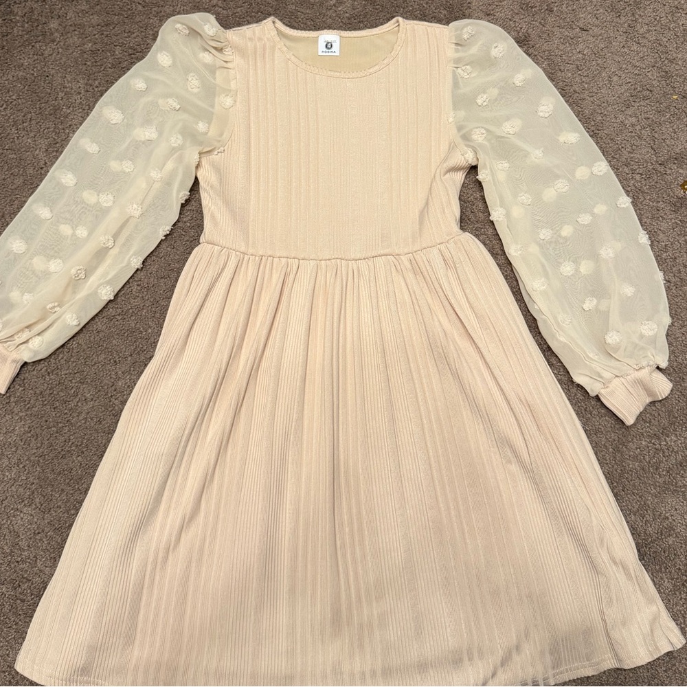 Girls' Puff-Sleeve Knit Dress in Cream